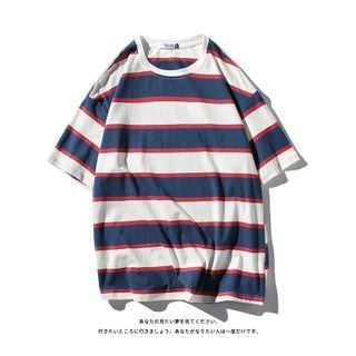 Color-block Stripe Round Neck Short Sleeve T-shirt