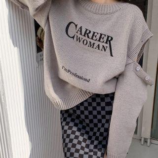 Cold Shoulder Lettering Print Sweater