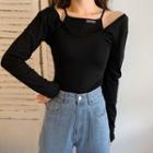 Long-sleeve Mock Two-piece Top Black - One Size