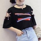 Elbow-sleeve Cut-out Lettering T-shirt