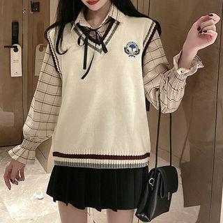 Set: Puff-sleeve Plaid Blouse + Badge Embroidered Sweater Vest + Pleated A-line Skirt