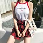 Short Sleeve Letter Printed T-shirt / Contrast Letter Printed Tank Top / Plaid A-line Skirt