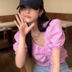 Short-sleeve V-neck Drawstring Check Top Pink - One Size