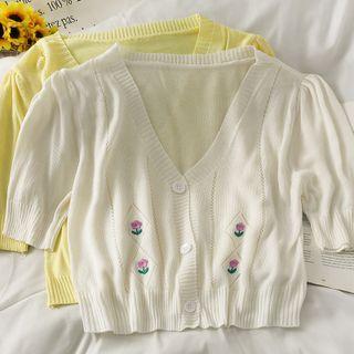 Flower-embroidered Button-up Crop Knit Top In 5 Colors