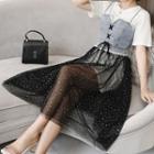 Set: Crew-neck Short-sleeve T-shirt Dress + Denim Lace Up Spaghetti Strap Mesh Midi A-line Skirt