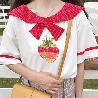 Short-sleeve Strawberry Print Top White - One Size