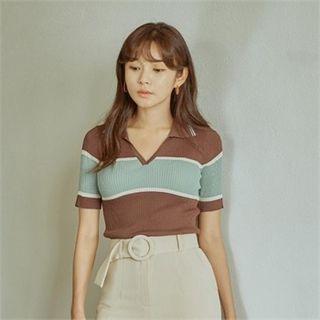 Short-sleeve Color-block Ribbed Knit Top