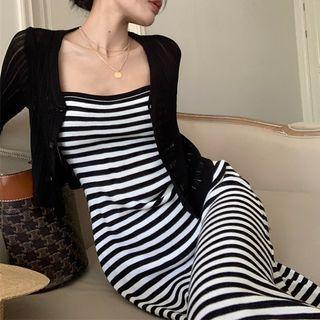 Spaghetti Strap Striped Dress / Long-sleeve Sheer Cardigan