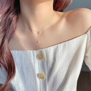 Rhinestone Flower Faux Pearl Necklace 1pc - Dx656 - Gold & Light Purple - One Size
