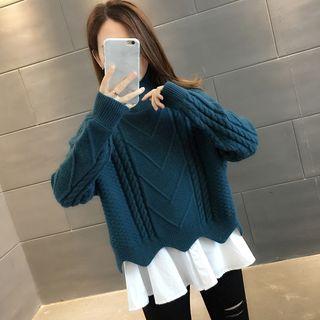 Set: Mock-neck Cable-knit Sweater + Ruffled Shirt
