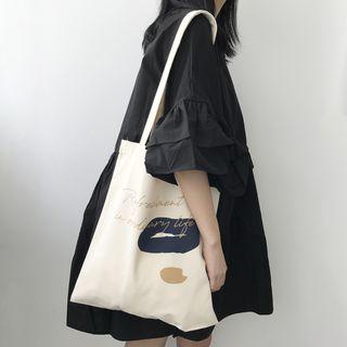 Print Canvas Tote Bag Blue Hoop - Beige Yellow - One Size