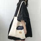 Print Canvas Tote Bag Blue Hoop - Beige Yellow - One Size