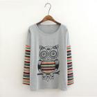 Owl Print Stripe Panel Long-sleeve T-shirt