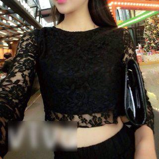 Set: Long-sleeve Lace Crop Top + Maxi A-line Lace Skirt