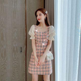 Mock Two-piece Buttoned Check Dress