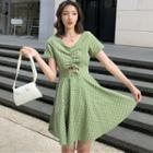 Cut-out Plaid Short-sleeve Mini A-line Dress Green - One Size