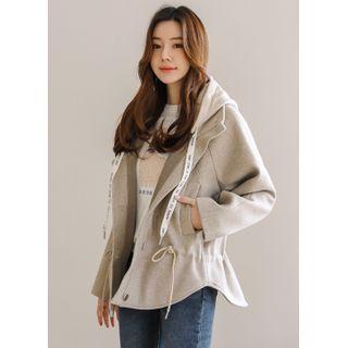 Knit-hooded Drawstring Short Coat