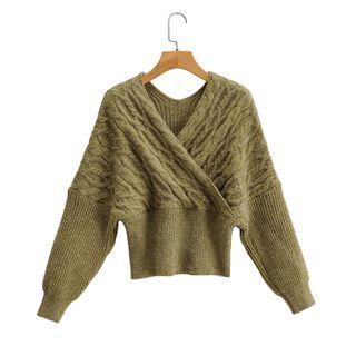 Plain Long-sleeve Knit Top Green - Free Size