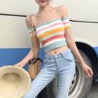 Short-sleeve Striped Cropped Knit Top Stripes - Multicolor - One Size