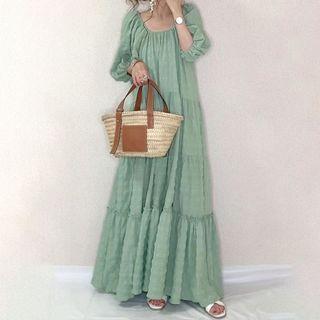Square-neck Plain Maxi A-line Dress Light Green - One Size