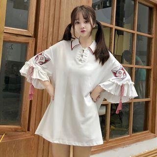 Elbow-sleeve Fox Embroidered Mini T-shirt Dress