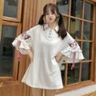 Elbow-sleeve Fox Embroidered Mini T-shirt Dress