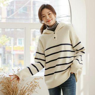 Henley-neck Stripe Knit Hoodie