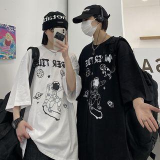 Couple Matching 3/4-sleeve Astronaut Print T-shirt