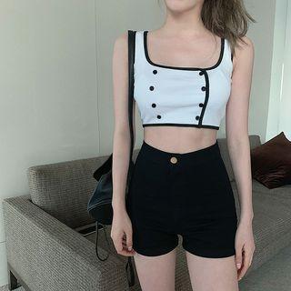 Contrast Trim Cropped Top / High-waist Plain Shorts