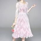 Set: 3/4-sleeve A-line Lace Dress + Print Slipdress