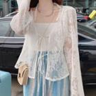 Set: Tie-front Lace Cardigan / Camisole Top / Print Wide Leg Pants