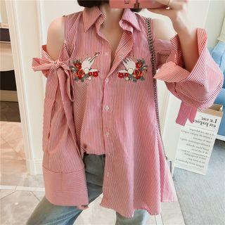 Off-shoulder Cartoon Printed Striped Shirt