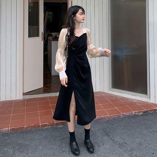 Long-sleeve Panel Slit A-line Dress