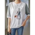 Plaid-sleeve Illustrated T-shirt Ivory - One Size