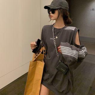 Cold-shoulder Stripe-side Pullover Ash Gray - One Size