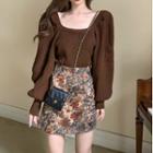 Square-neck Knit Sweater / Print Skirt