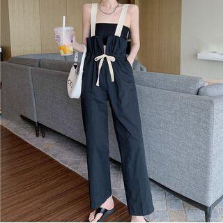 Drawstring-waist Straight Leg Jumper Pants Black - One Size