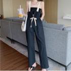 Drawstring-waist Straight Leg Jumper Pants Black - One Size