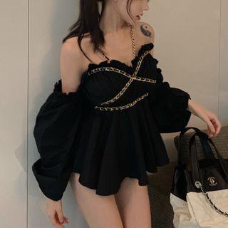 Off-shoulder Lantern Sleeve Chain Halter Neck Ruffle Trim Top Black - One Size