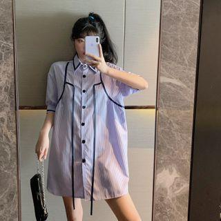 Elbow-sleeve Striped Shirt Dress Stripe - Blue - One Size
