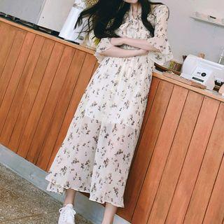 Flower Print 3/4-sleeve Midi Chiffon A-line Dress