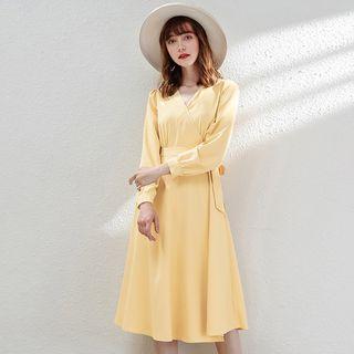 Long-sleeve Wrap Midi A-line Dress