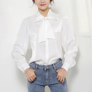 Long-sleeve Satin Tie-neck Blouse