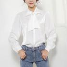 Long-sleeve Satin Tie-neck Blouse