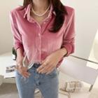 Padded-shoulder Plain Velvet Shirt
