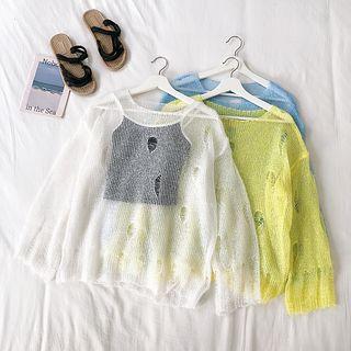 Plain Distressed Open Knit Long-sleeve Top