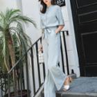 Set: Shirt + Tie-waist Wide-leg Pants