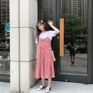 Crew-neck Short-sleeve T-shirt / Flower Print Spaghetti Strap Midi Dress