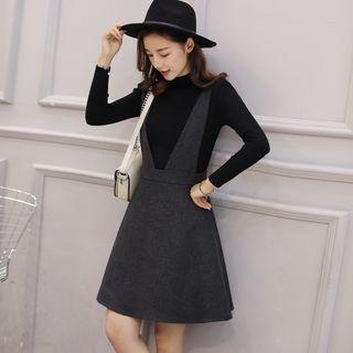 Set: Mock Neck Long-sleeve Knit Top + Suspender Skirt