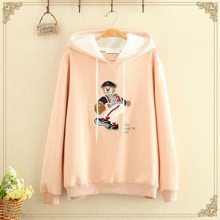 Fleece-lined Bear-printed Plain Hoodie